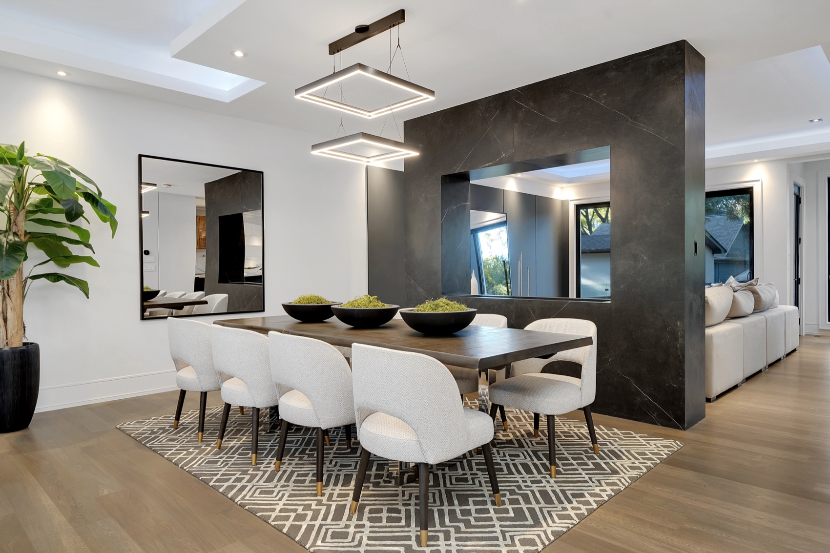 Dining room with stone feature wall